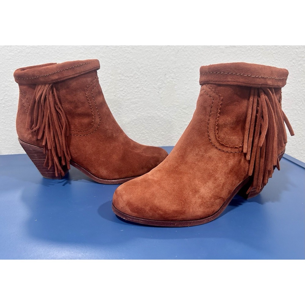 Sam Edelman Louie Cognac Brown Suede Leather Fringe‎ Ankle Boots Western Boho 6